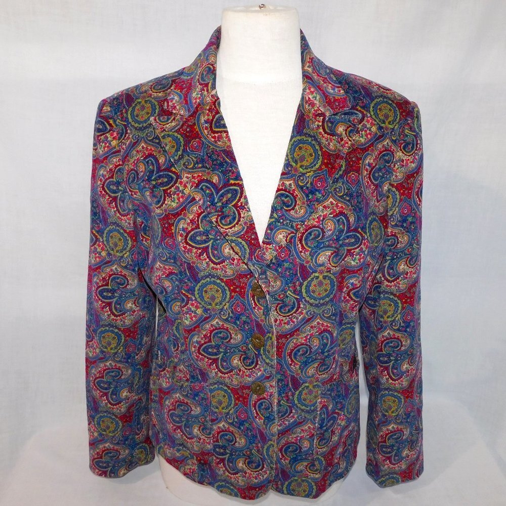 City Blues by Koret Multicolor Paisley Corduroy Blazer Burgundy Blue Womens M